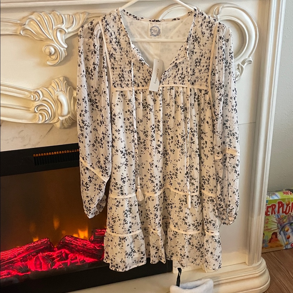 Blue Rain Floral Long Sleeve Dress - Black and Off White